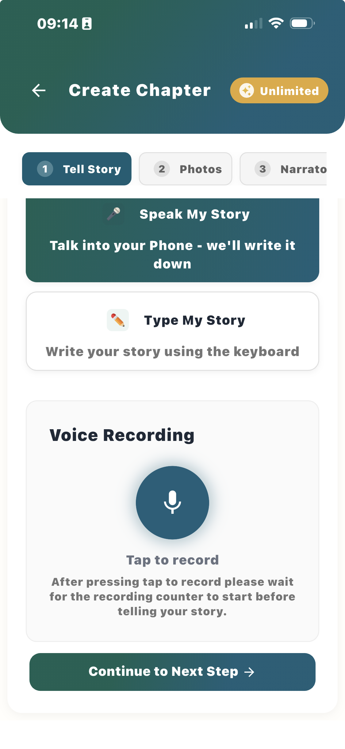 LifeScribe app recording screen — tap the microphone and start talking