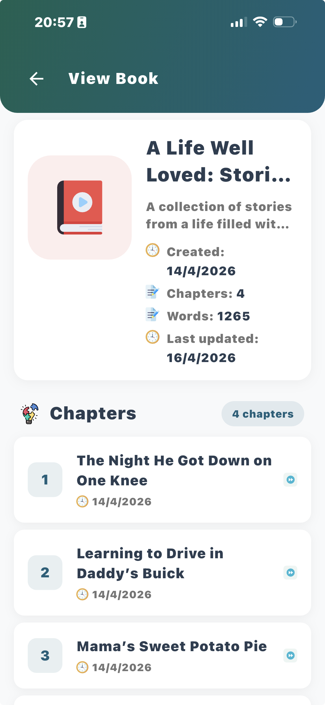 A complete LifeScribe Life Book with multiple chapters