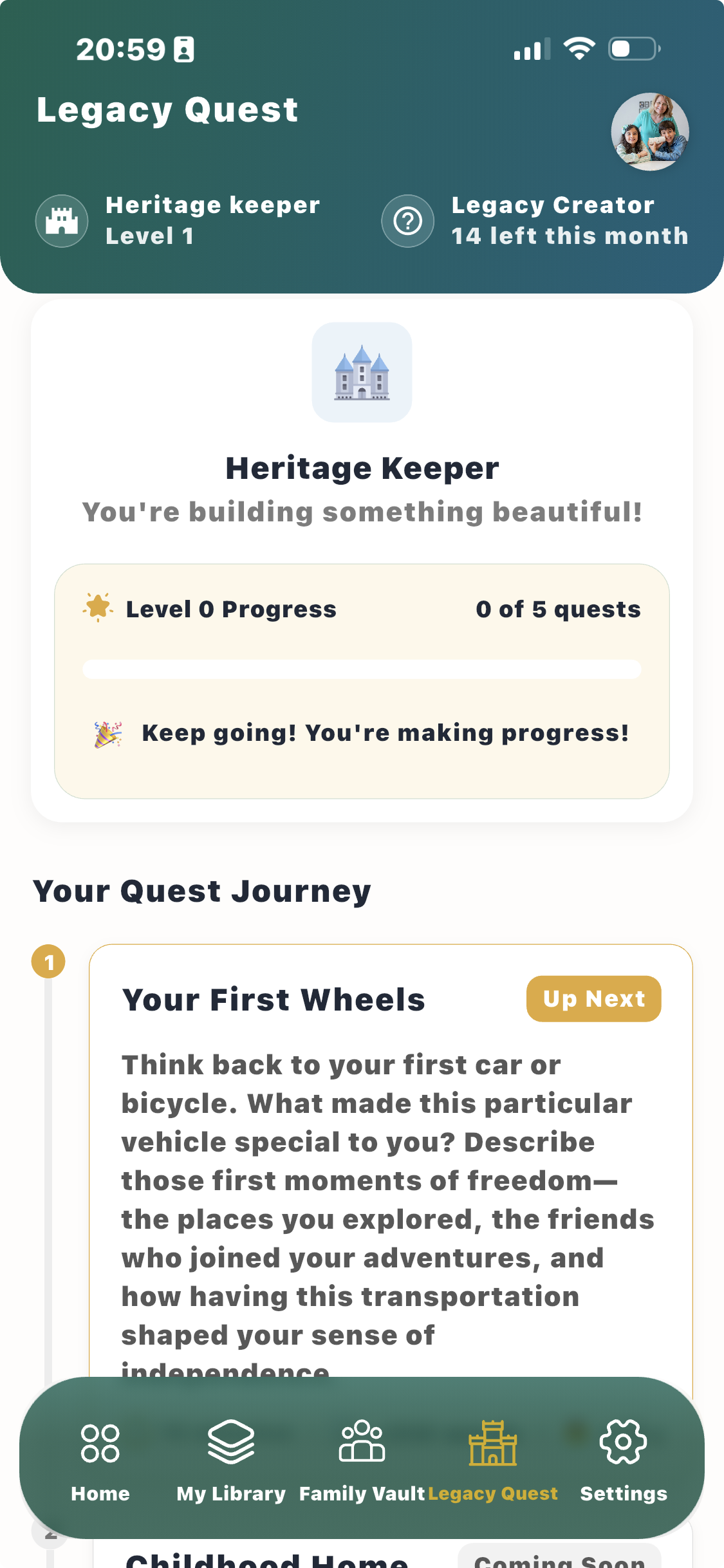 LifeScribe Legacy Quest screen showing Your First Wheels and Childhood Home guided memory prompts